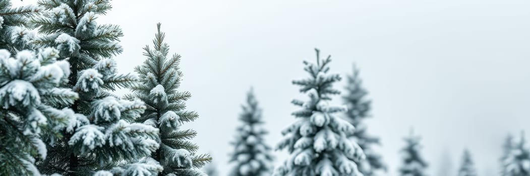 Evergreen trees blanketed in fresh snow create a serene winter scene. The gray sky looms softly above, enhancing the peaceful atmosphere of the natural setting.
