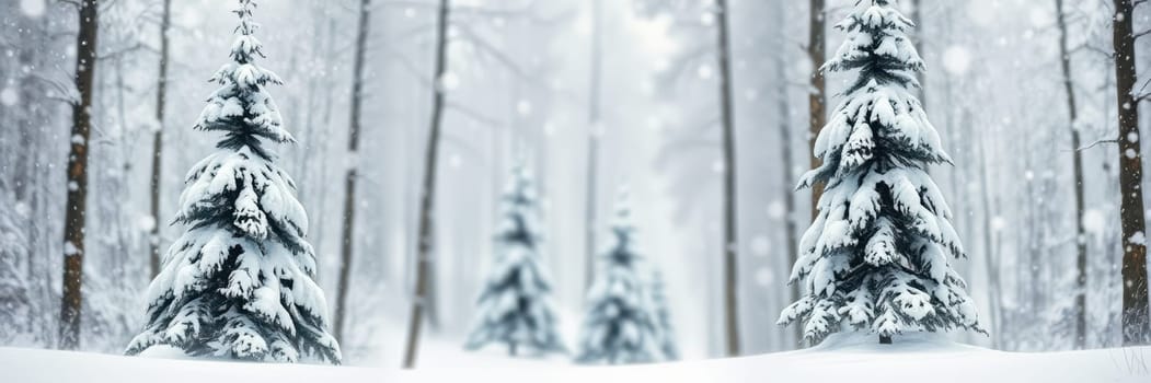 A tranquil forest features tall trees blanketed in fresh snow, creating a serene atmosphere. Soft snowfall adds to the winter charm, inviting calmness and reflection.