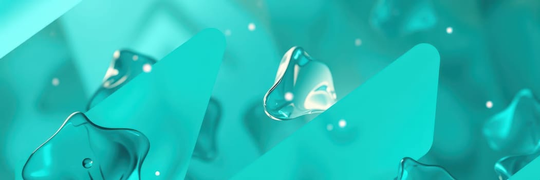 Soft turquoise shapes and liquid droplets float gracefully, creating a calming atmosphere filled with gentle light reflections. The composition evokes tranquility and creativity.