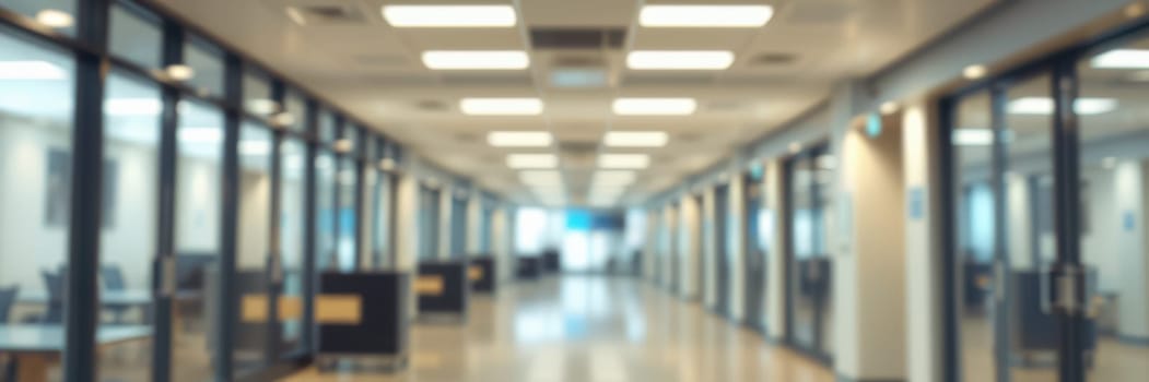 Brightly lit office hallway features glass walls on either side, with empty workspaces visible. Natural light floods the area creating an open and spacious atmosphere.