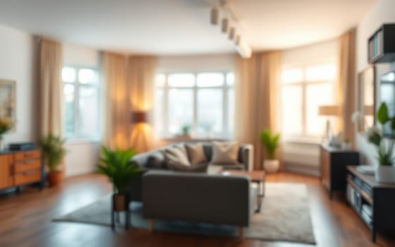A contemporary living room showcases a comfortable sofa, elegant furnishings, and vibrant greenery, creating a warm atmosphere filled with natural light.