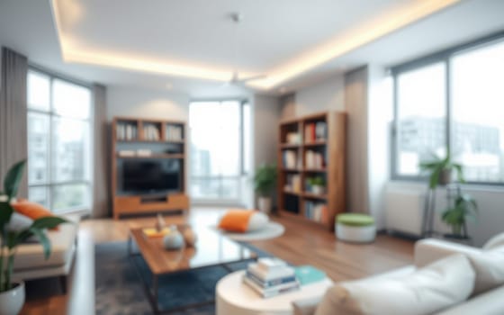 A contemporary living room features large windows, elegant furniture, and vibrant décor. The space is brightened by natural light and showcases a cozy atmosphere for relaxation.