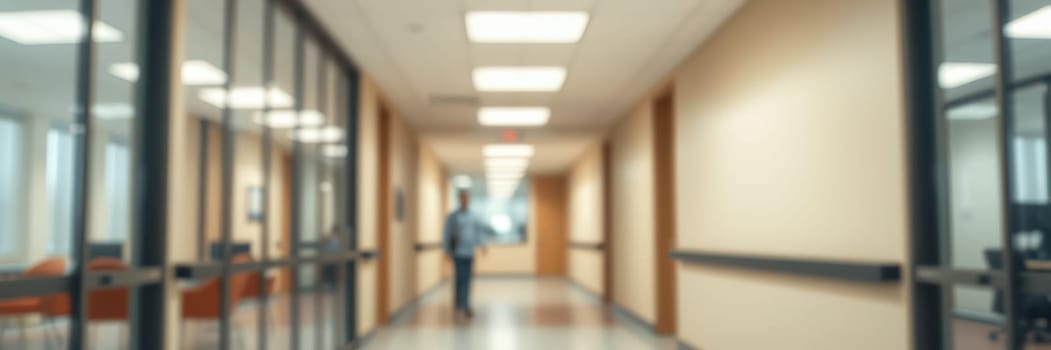 A healthcare professional is seen walking through a well-lit hospital corridor. The modern design features neutral colors and glass walls that create an inviting atmosphere.
