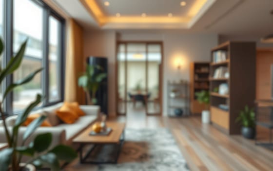 Cozy living room features large windows allowing ample natural light. Modern furniture, elegant decor, and vibrant plants create a welcoming atmosphere for relaxation and gatherings.