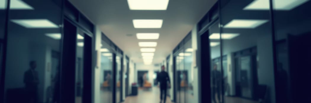 A busy office hallway is lined with glass walls and bright ceiling lights. People can be seen walking, creating reflections and shadows, capturing a lively atmosphere.