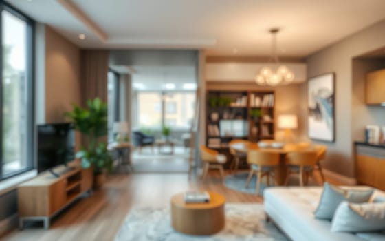 A spacious contemporary apartment features an open layout with a cozy living area, dining space, and modern decor. Large windows bring in plenty of natural light, enhancing the inviting atmosphere.