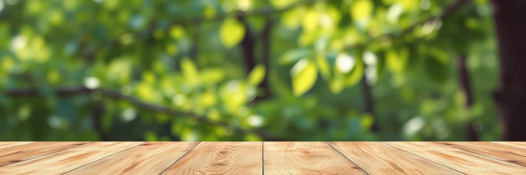 A beautifully textured wooden surface is set against a backdrop of softly blurred green foliage, ideal for creating a serene and peaceful environment for various activities.