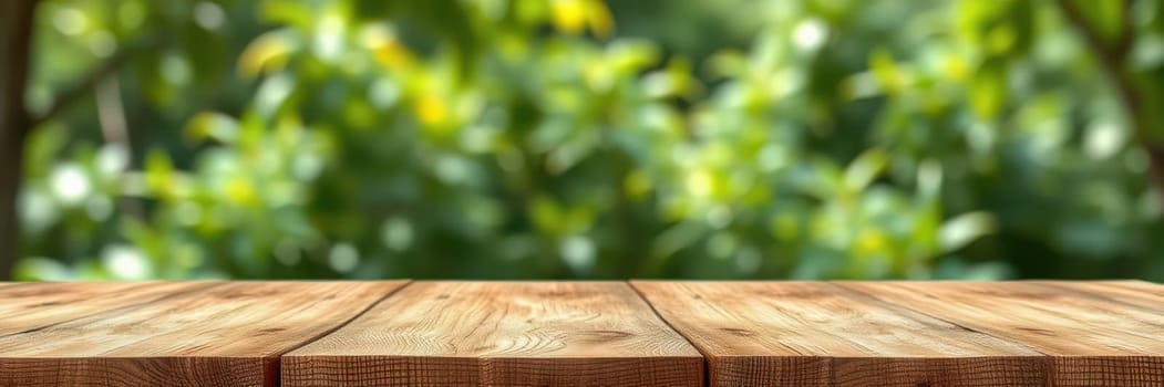 A rustic wooden table stands in a vibrant green park under bright sunlight, providing a serene atmosphere perfect for relaxation, gatherings, or outdoor dining.