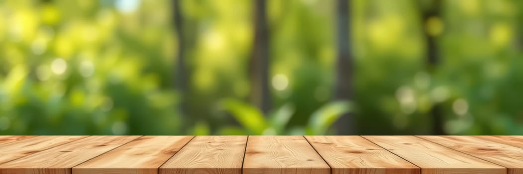 A rustic wooden tabletop showcases its grain and texture against a beautifully blurred backdrop of lush green foliage. The soft daylight enhances the natural colors, creating a serene atmosphere.