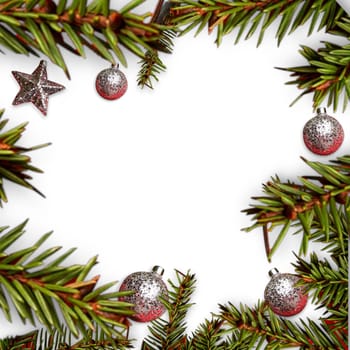new year white green background christmas, toys fir branches, template. High quality illustration