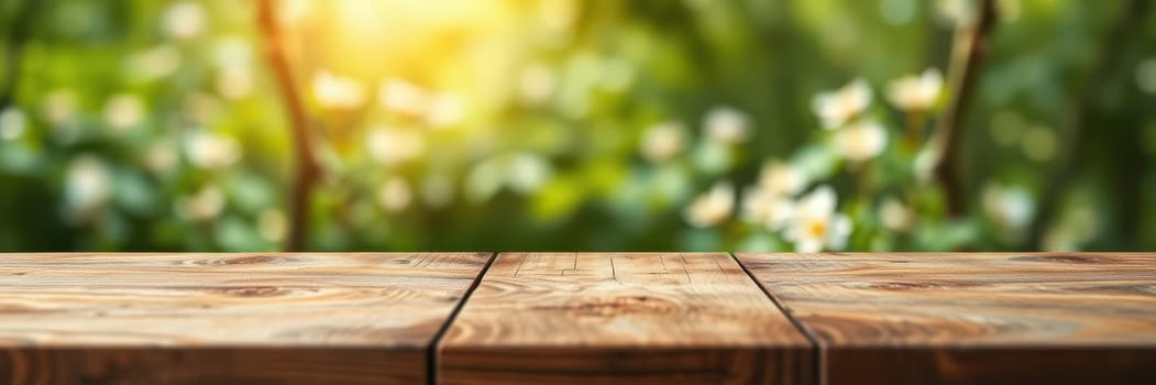 A rustic wooden table is illuminated by warm sunlight in a vibrant garden filled with blooming flowers and lush greenery on a pleasant afternoon.