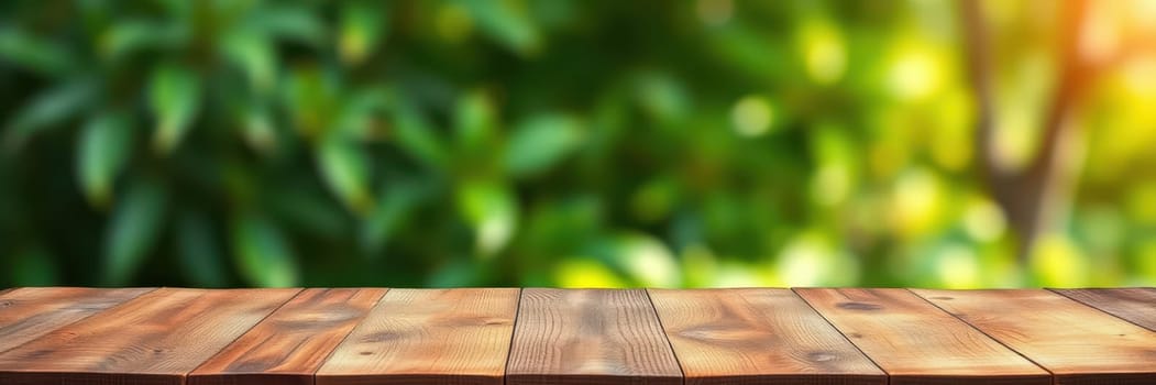 A rustic wooden table is positioned in a lush green garden, surrounded by plants, with sunlight filtering through the leaves creating a warm atmosphere.