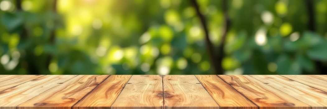 A rustic wooden table sits in an outdoor area surrounded by lush greenery, illuminated by natural daylight. The blurred background enhances the inviting atmosphere for gatherings.
