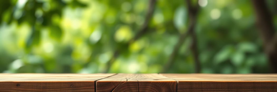 A rustic wooden table stands empty in a vibrant green forest, sunlight filtering through the trees, creating a peaceful natural atmosphere perfect for outdoor gatherings.