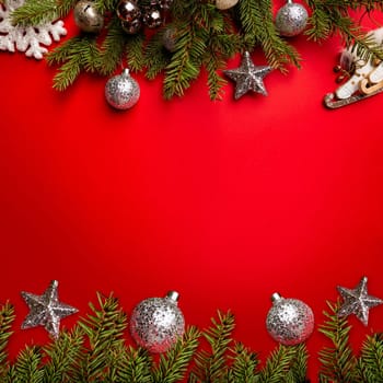 new year red green background christmas holiday, toys fir branches, template. High quality illustration