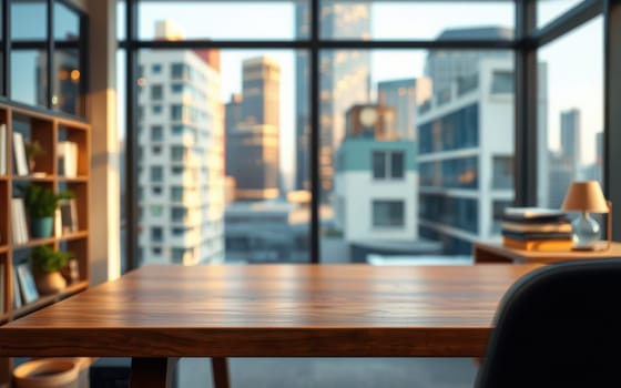 A clean and modern office space features a wooden desk facing large windows overlooking a vibrant city skyline filled with tall buildings on a sunny day.