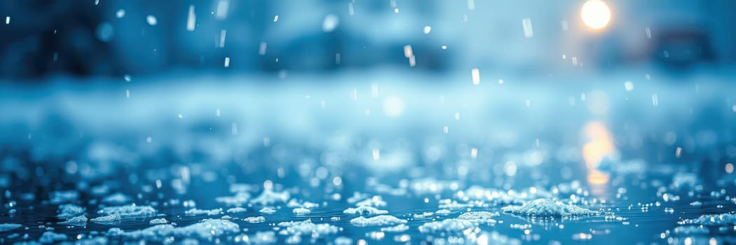 Raindrops splatter onto a reflective surface, creating beautiful ripples and reflections under soft evening light. The atmosphere is tranquil and cool.