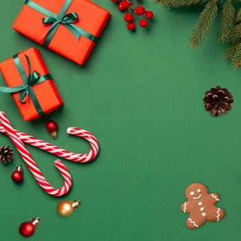 new year red green background christmas holiday, toys gifts fir branches, template. High quality illustration
