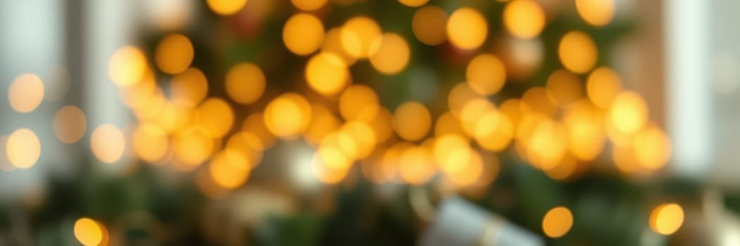 Soft golden lights twinkle on a lush Christmas tree, enhancing the cozy ambiance in a living room adorned with seasonal decorations during the holiday festivities.