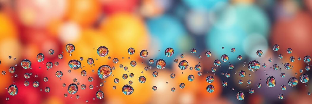 Brightly colored orbs create a vibrant background, while water droplets catch and reflect light, adding depth to the abstract composition. The image evokes a sense of freshness and creativity.