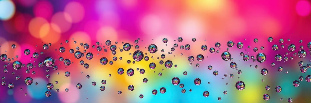 A vibrant and colorful abstract background features numerous water droplets reflecting light against a soft, blurred backdrop. The composition creates a lively atmosphere.