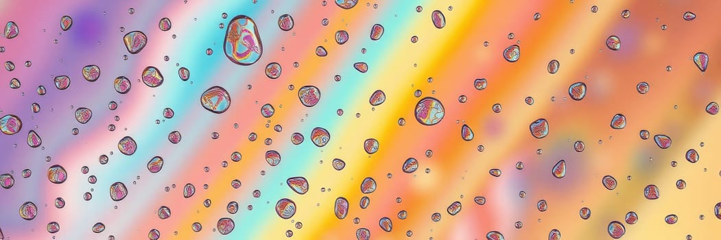 Raindrops glisten on a vibrant, abstract backdrop featuring soft pastel colors. Light refracts through each droplet, creating a stunning visual effect.
