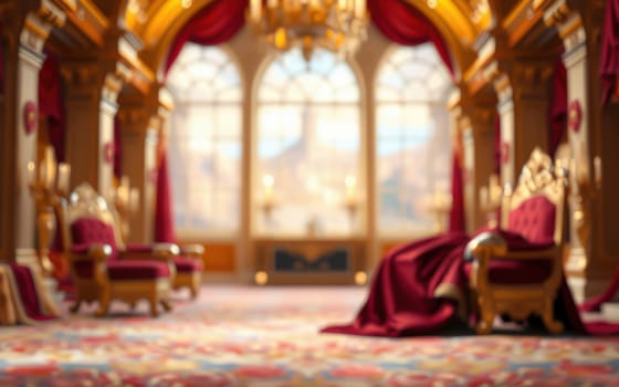An opulent hall features ornate chandeliers, plush seating, and rich draperies. Natural light floods in through large windows, highlighting intricate details and lavish design.