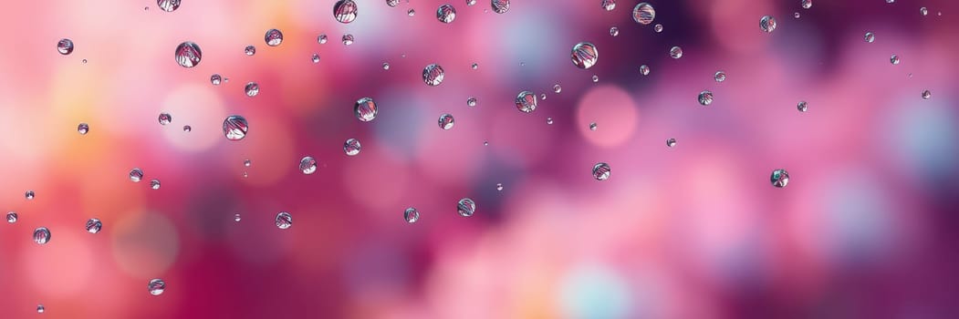 Water droplets appear to float in the air, glimmering under soft light amidst hues of pink and purple, creating an ethereal and dreamy ambiance perfect for artistic visuals.