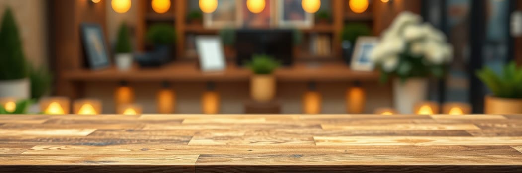 A rustic wooden tabletop is prominently featured in a cozy cafe that exudes warmth through soft lighting and indoor plants, creating a relaxing ambiance for visitors.