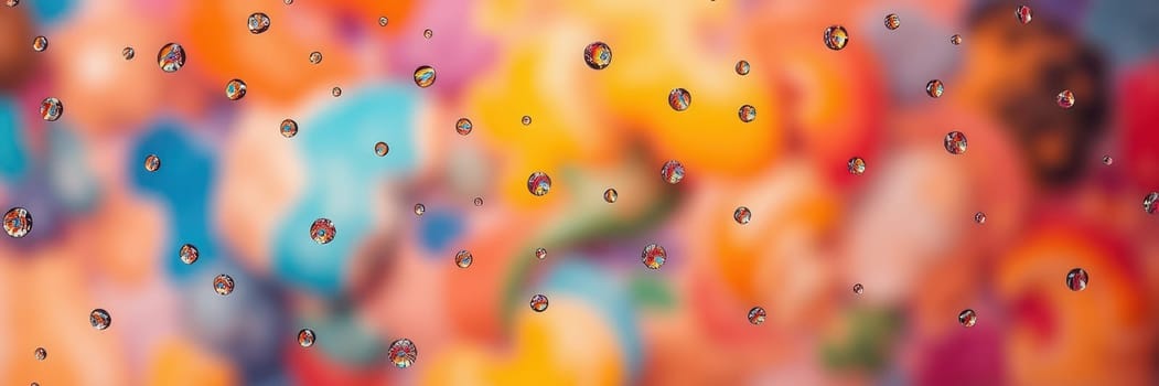 Water droplets cling to a transparent surface, offering a beautiful view of vibrant, blurred floral patterns in the background, creating a dreamy atmosphere.