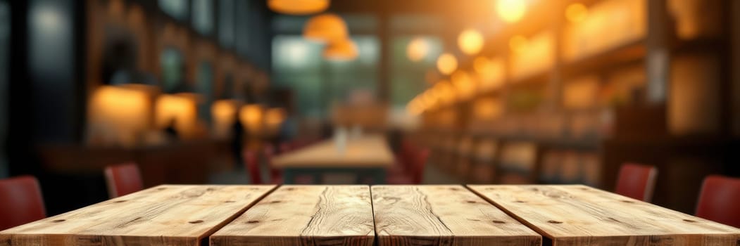 A wooden table stands at the forefront of a cozy cafe, softly illuminated by warm lights. The background is busy with patrons and softly blurred, creating a welcoming atmosphere at sunset.