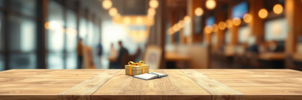 A rustic wooden table inside a warm coffee shop holds a small gift box and an open notebook. Soft lighting surrounds the space, creating a comfortable atmosphere for patrons.