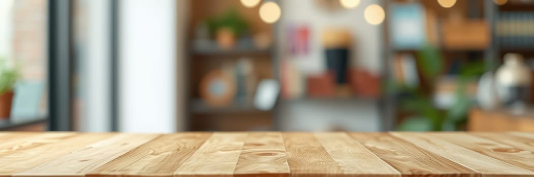 A rustic wooden table stands in a warm cafe filled with soft background lights. Shelves with plants and decorative items create a welcoming atmosphere for patrons.