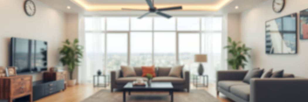 Bright and airy living room features large windows with city views. Comfortable furniture, tasteful decor, and indoor plants create a welcoming atmosphere for relaxation.