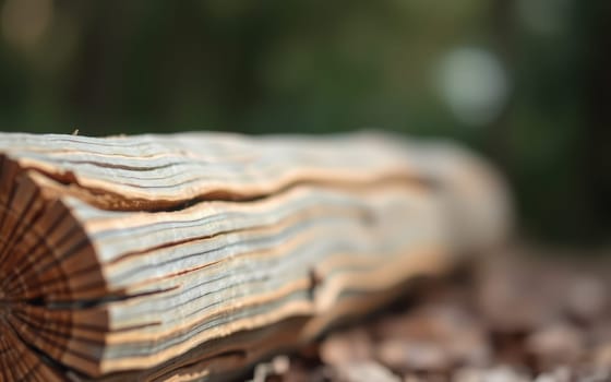 A close-up view captures the textured surface of a weathered log resting on the ground. Blurred greenery creates a natural backdrop, emphasizing the log's details.
