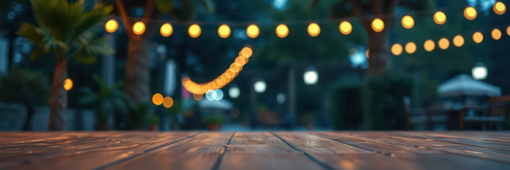 Soft glowing lights hang above a wooden deck, creating a cozy ambiance in an outdoor dining space. The twilight setting enhances the warm, inviting mood for guests.