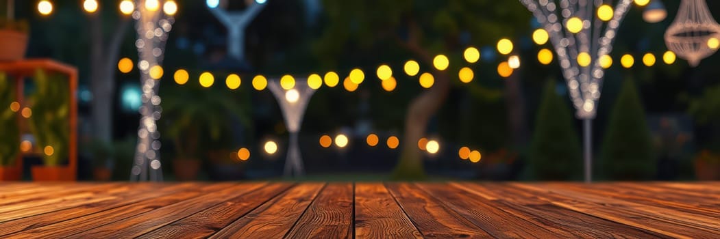 Decorative lights create a warm atmosphere in the garden during an evening event. The wooden flooring enhances the inviting ambiance, perfect for social gatherings.