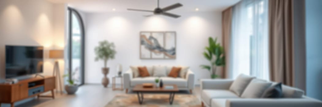 A spacious living room features comfortable sofas, a coffee table, and a large television. The decor includes plants and art, creating a warm and welcoming environment with natural light.