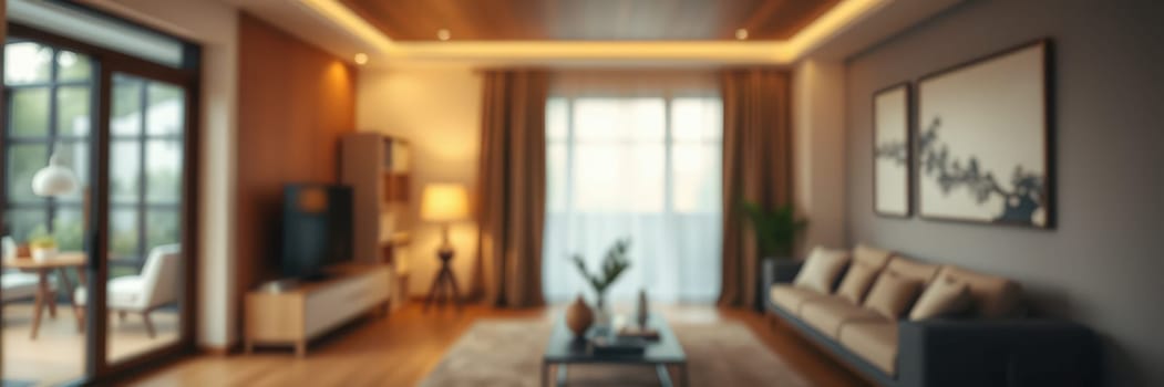 A stylish living room features a comfortable sofa, wooden flooring, and large windows allowing ample natural light. Decorative elements enhance the inviting atmosphere.