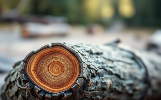 A freshly cut tree stump showcases beautiful growth rings, illustrating the tree's age and history. The soft sunlight filters through the surrounding greenery, enhancing the natural tones.