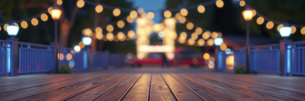 Wooden boardwalk leads into a festive scene filled with warm fairy lights, creating a cozy and inviting ambiance for evening gatherings and strolls.