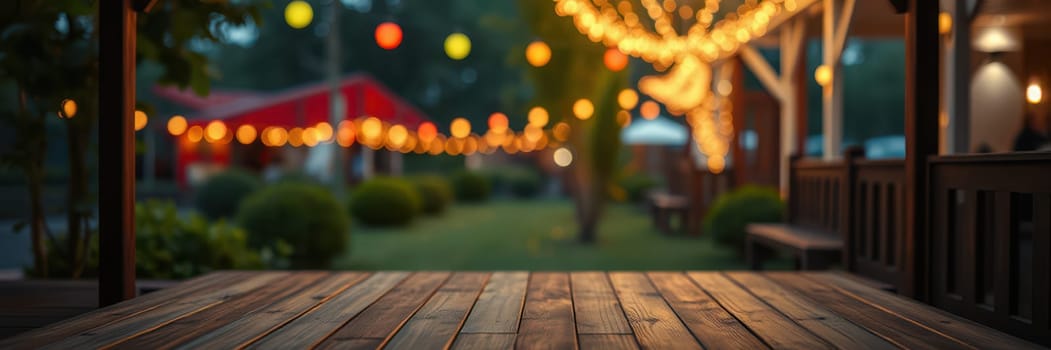 A cozy garden is beautifully illuminated by string lights hanging from trees. Colorful lanterns add charm, creating a warm ambiance for a festive gathering.