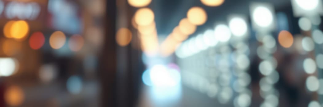 Colorful, blurred city lights illuminate a lively street, bustling with foot traffic during the late evening hours providing a vibrant urban atmosphere.
