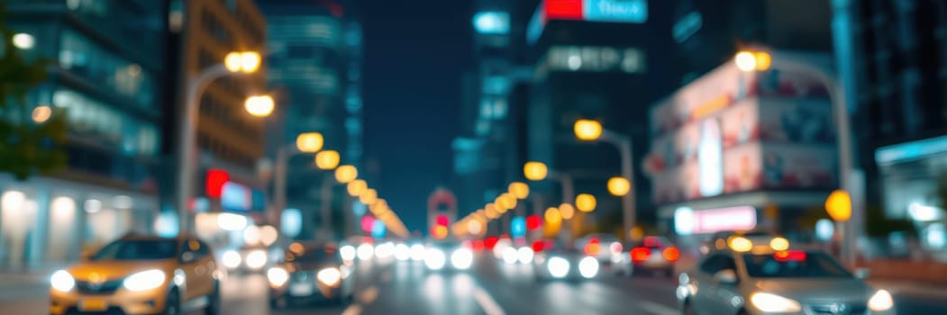 Busy city street filled with cars during the night, showcasing bright lights from buildings and streetlamps. The atmosphere is lively with a vibrant urban feel.