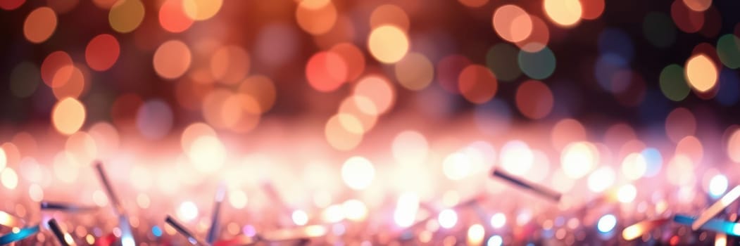 Bright and colorful bokeh lights blend with shimmering decorations, capturing the festive spirit of a joyful occasion, ideal for parties and celebrations during the holiday season.