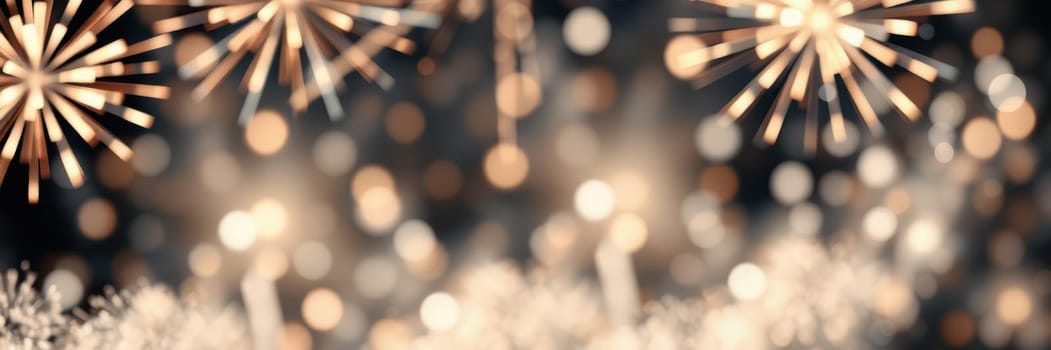 Bright fireworks burst in various colors against a dark background, creating a lively atmosphere during a nighttime celebration. Twinkling lights add to the festive mood.