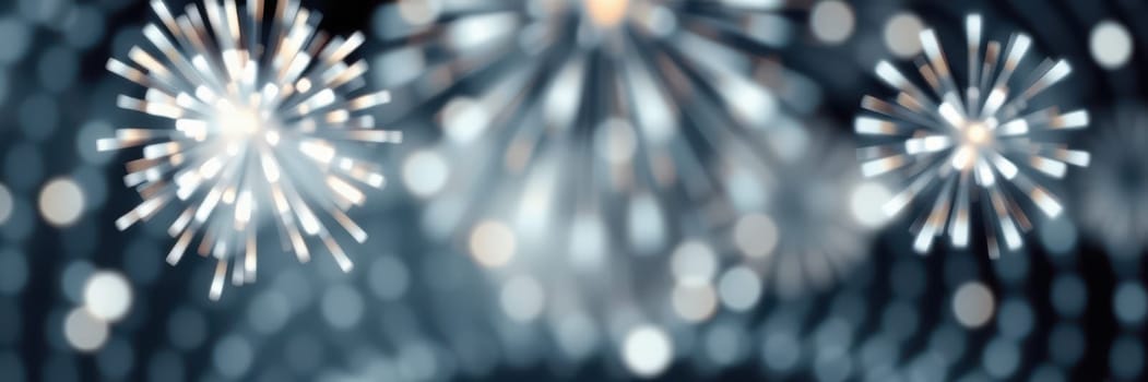 Bright fireworks explode in the dark sky, showering bursts of color and light over a lively city night during a major celebration or festival.