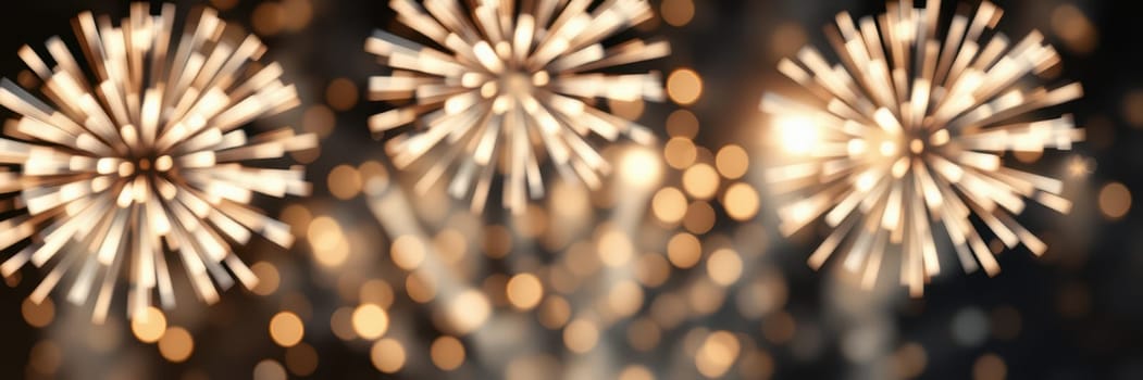 Bright fireworks burst in the night sky, creating a spectacle of colors and light above a lively urban area. The festive atmosphere captivates all onlookers below.