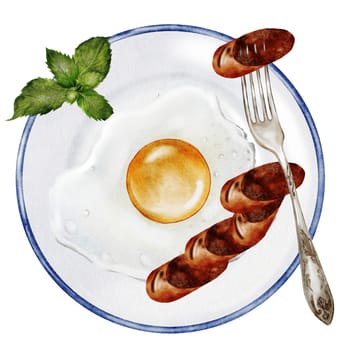 Breakfast on a plate watercolor. Hand drawn food with eggs sausage and fork. Clip art food. Ideal for posters and restaurant menus of vegetarian and diet dishes. Plant sketch for kitchen