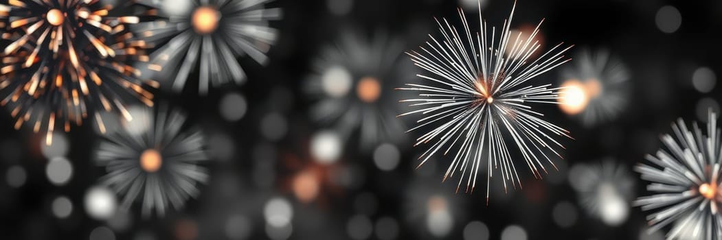 Bright fireworks burst into vibrant displays against a dark sky, creating a festive atmosphere as crowds gather to celebrate the arrival of a new year at midnight.